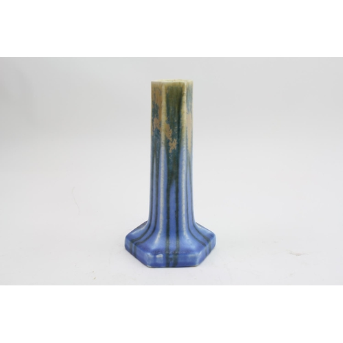 485 - A Ruskin of West Smethwick Pale Blue Striped Crystalline Effect Candlestick Holder, marked Ruskin. M... 