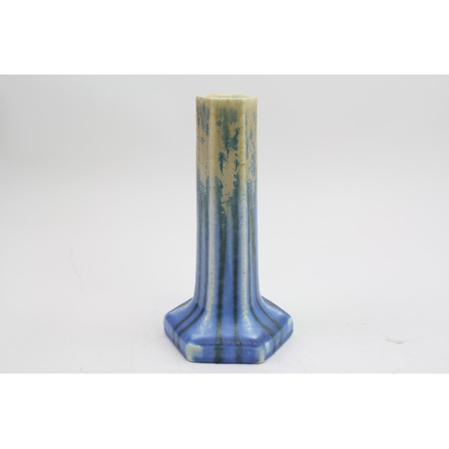 485 - A Ruskin of West Smethwick Pale Blue Striped Crystalline Effect Candlestick Holder, marked Ruskin. M... 