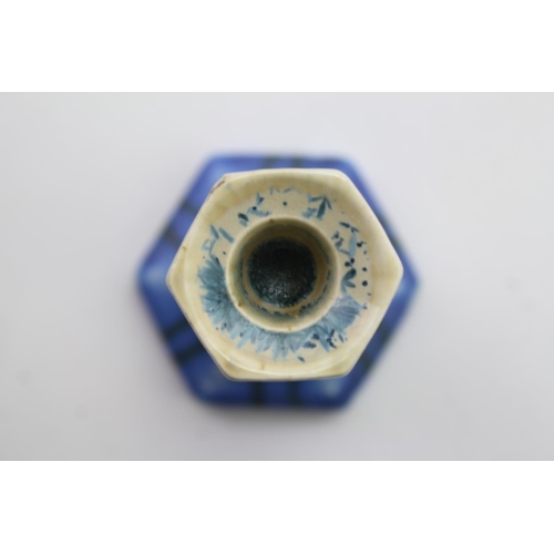 485 - A Ruskin of West Smethwick Pale Blue Striped Crystalline Effect Candlestick Holder, marked Ruskin. M... 