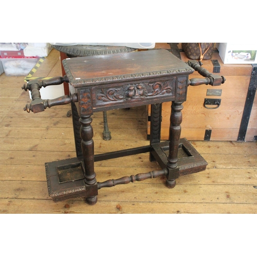 371 - A Victorian Pussycat carved oak side table/umbrella stand fitted single drawer.