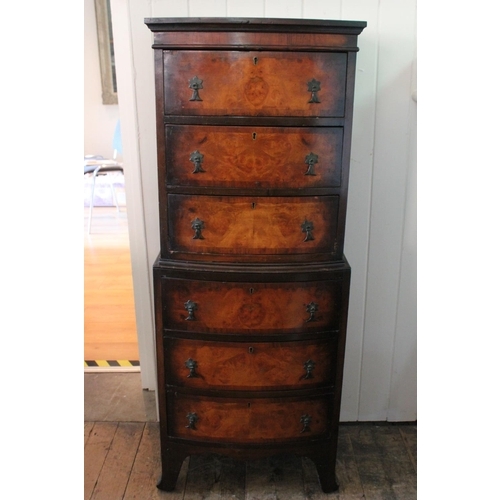 389 - A Reproduction Flame Walnut veneered Chest on Chest with brass handles. Measuring: 126cm high x 50cm... 