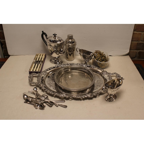 67 - A Collection of Silver Plate to include a Silver Plated Coffee Set, Cocktail Shaker, Tray, Horse Bra... 