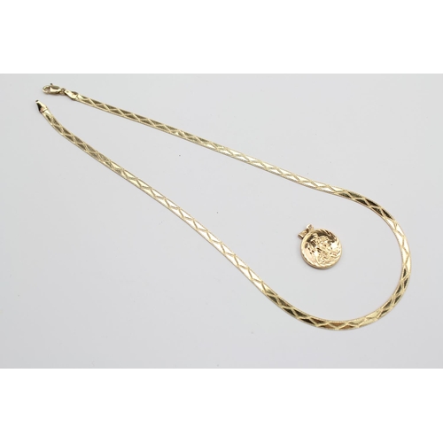 217 - A 9ct Gold Italian Made Flexible herringbone link Necklace along with a St. Christopher. Weight appr... 