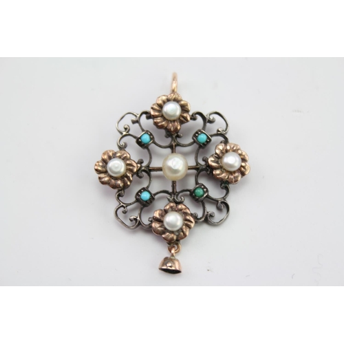 223 - A Late 19th Century Silver and pearl mounted turquoise pendant. Approximately 2.7cm.