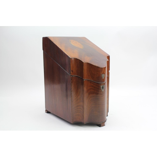 77 - An 18th Century Mahogany Serpentine Fronted Cuban Mahogany Line & Conch Shell inlaid Knife Box with ... 