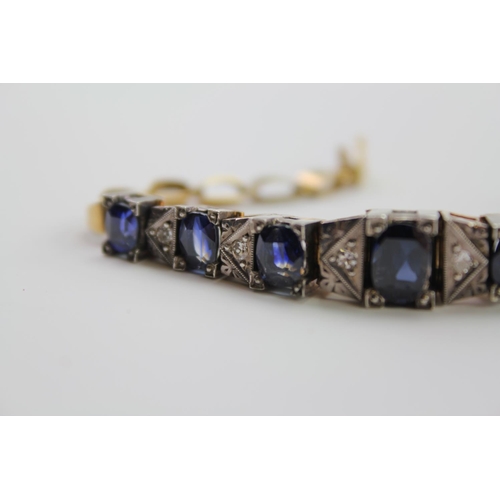 166 - A ladies art deco Sapphire and Diamond bracelet, mounted with 7 Sapphires graduating in size, and 6 ... 