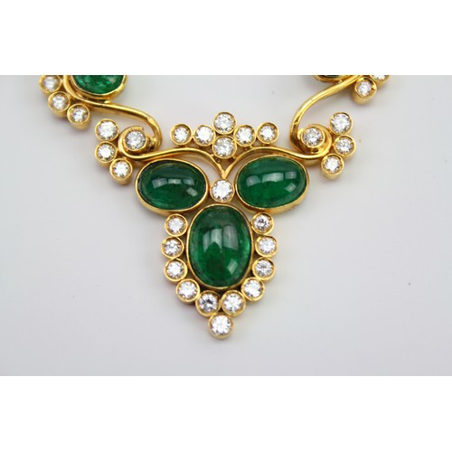 176 - A Hong Kong made 22ct Gold, 50 diamonds and seven green stones mounted necklace, along with matching... 