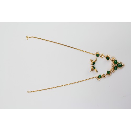 176 - A Hong Kong made 22ct Gold, 50 diamonds and seven green stones mounted necklace, along with matching... 