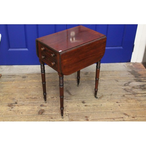 407 - A Georgian Period Mahogany Drop-Flap Sewing Table fitted with Two Drawers & resting on turned legs &... 