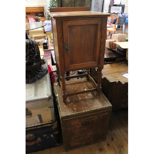 419 - A Georgian Blue Lined Coaching Trunk with Stud decoration & Iron Handles along with an Oak Bedside T... 