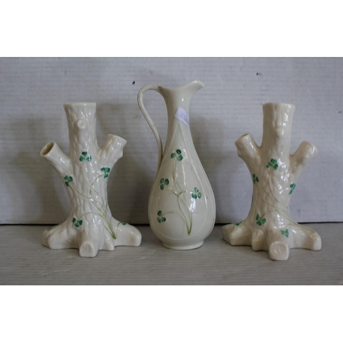 546 - A Pair of Belleek Shamrock Decorated Vases, No: 0857, designed as tree trunks and one other No: 0857... 