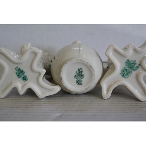 546 - A Pair of Belleek Shamrock Decorated Vases, No: 0857, designed as tree trunks and one other No: 0857... 