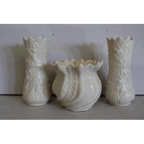 547 - A Pair of Belleek Floral Shaped Vases, pattern No: 0857 along with a Fern Pot No: 0857.