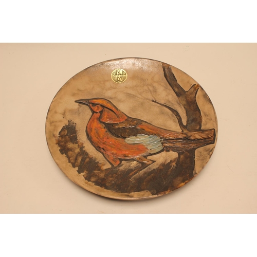 550 - A German Made Pottery Wall Plaque in Browns & Greens depicting a bird by RUSCHA HANDGEMALT, Monogram... 