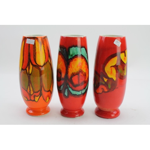 557 - A Collection of Three Delphis Vases in Orange, Blue & Green. Measuring: 21 cms high.