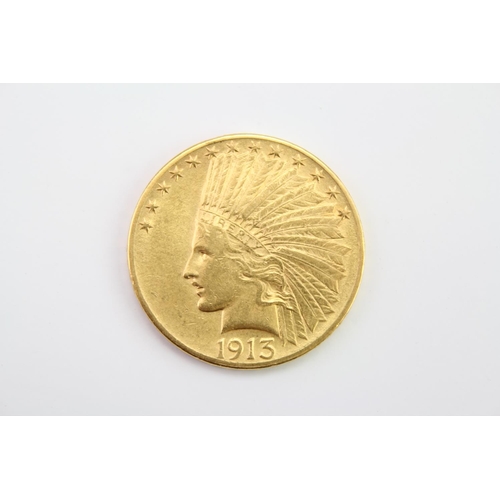 282 - A 1913 American Indian Head $10 Gold Coin. Type 2 with Moto. Philadelphia Mint. (No Mint Mark). Weig... 