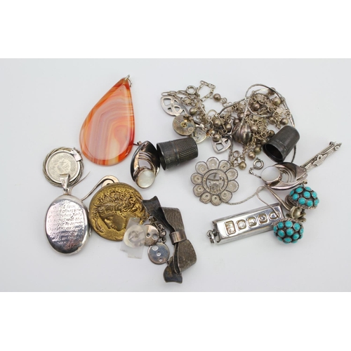 146 - A Silver Love Locket, French Brooch, Silver Ingot, Earrings, etc.