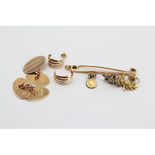 149 - A Pair of 9ct Gold engraved Cufflinks along with a Scottish Thistle Pendant, etc. Weighing: 7.9 gram... 