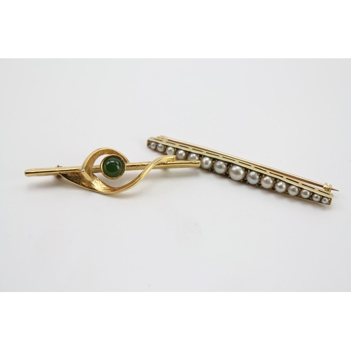 151 - A Pearl Set Bar Brooch & one other set with a Green Stone.