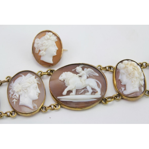 154 - An Italian Gilt Metal mounted Cameo Bracelet with various Classical Heads & a Cupid on a lion along ... 