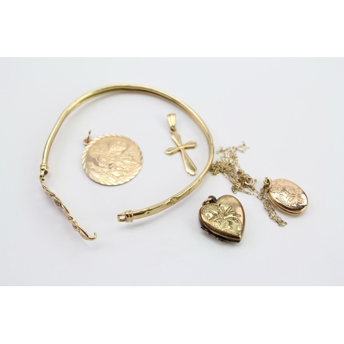 162 - A Gold (375) Locket on a chain, a Gold Cross, a St. Christopher, Bangle & Rolled Gold Love Heart Loc... 