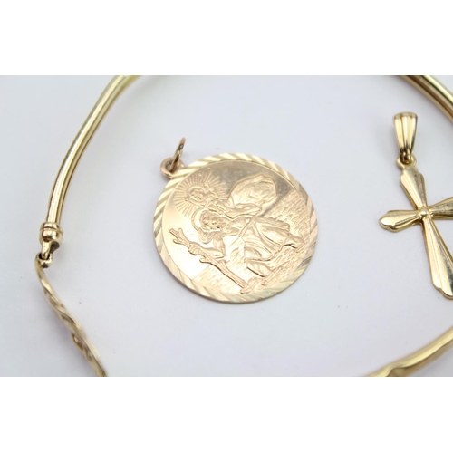 162 - A Gold (375) Locket on a chain, a Gold Cross, a St. Christopher, Bangle & Rolled Gold Love Heart Loc... 