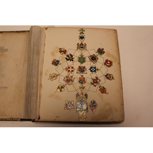 318 - An interesting leather bound book containing letter headings, company crests, family heraldic crests... 