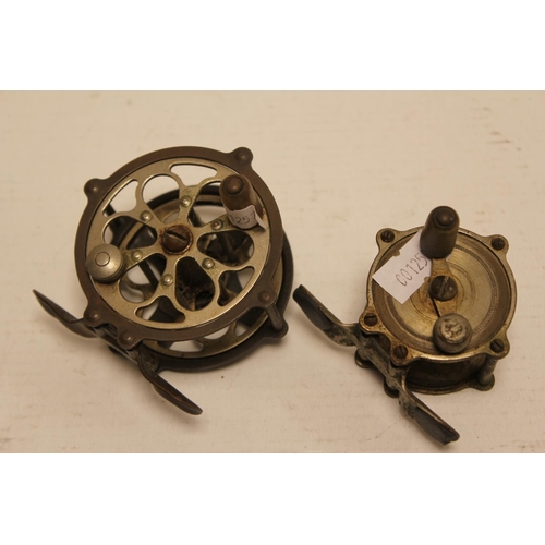 664 - A 1920s Scratch Built Nickel Cased Brook Reel along with a Brass Cased Pierced Opened Single Handled... 