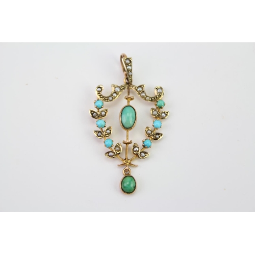 168E - A Ladies 9ct Gold Pendent mounted with Turquoise & Seed Pearls. Weighing: 3.1 grams.