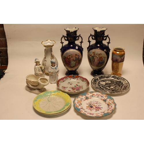 864 - A Jacob Petite gilt decorated vase, Wedgwood plates, Newhall dish, two nodding figures, etc.