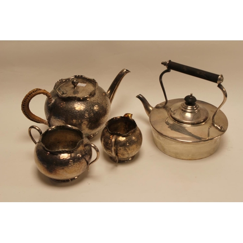 61 - A Walker & Hall Silver Plated Kettle, a Victorian Planished Silver Plated 3 Piece Tea Set.