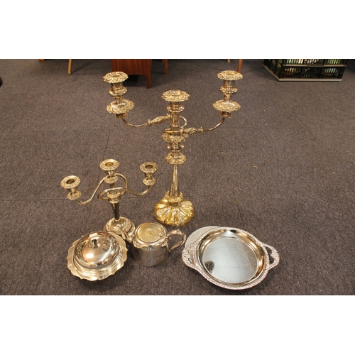 64 - A Silver Plated Georgian design Two Branch Candelabra with stamped edges, one other, Muffin Dish, Te... 