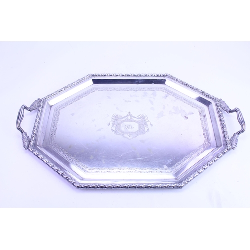 72 - A Victorian Silver Plated and engraved Tea Tray with Cast Border & Scroll handles. Measuring: 49 cms... 