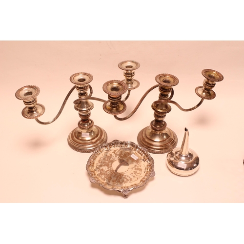 74 - A Pair Silver Plate on Copper Two Branch Candelabras, a small Waiter & a Wine Funnel.