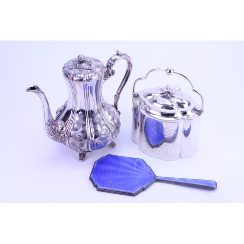 75 - A Victorain Silver Plated Coffee Pot, a Swing Handled Biscuit Barrel & a Silver & Enamelled Hand Mir... 