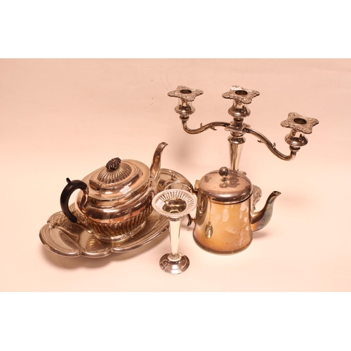 79 - A Silver Plated Tea Pot, Hotel Silver Plate, Candelabra, etc.