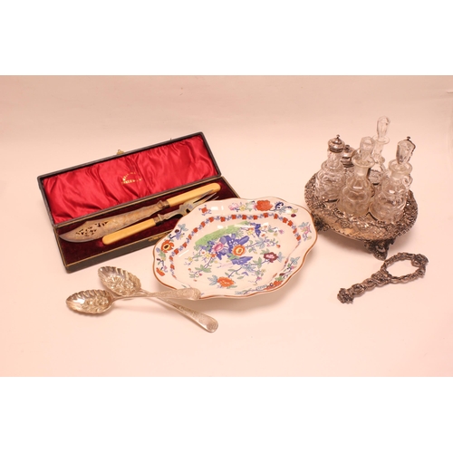 80 - A Cased Set of Silver Plated Fish Servers, a 6 Bottle Cruet Set (AF), a Pair of Berry Spoons & a Chi... 