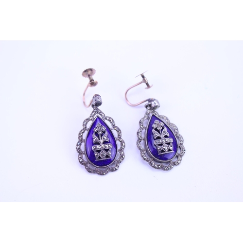 150 - A Pair of Georgian Design Marcasite & Blue Enamelled Earrings with 9ct Gold Screw on Studs.