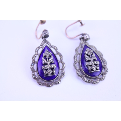 150 - A Pair of Georgian Design Marcasite & Blue Enamelled Earrings with 9ct Gold Screw on Studs.