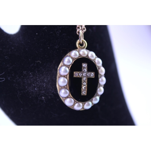 90 - A Victorian Mourning Locket with seeded pearl edge, Cross Set diamonds, Onyx Back on a 9ct Gold Chai... 