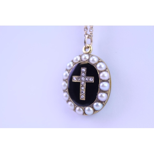 90 - A Victorian Mourning Locket with seeded pearl edge, Cross Set diamonds, Onyx Back on a 9ct Gold Chai... 