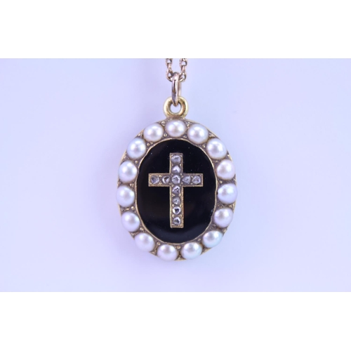 90 - A Victorian Mourning Locket with seeded pearl edge, Cross Set diamonds, Onyx Back on a 9ct Gold Chai... 