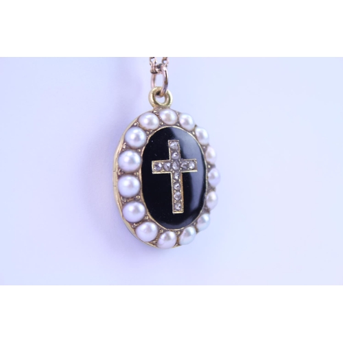 90 - A Victorian Mourning Locket with seeded pearl edge, Cross Set diamonds, Onyx Back on a 9ct Gold Chai... 