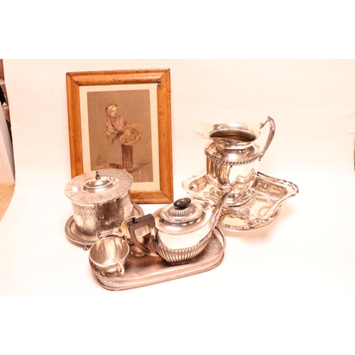 67 - A Victorian plated biscuit barrel, lemonade pitcher, along with other plate, and two pictures.