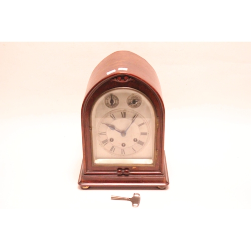 216 - A late 19th century mahogany cased bracket clock, with nickel silver chapter ring, with Roman numera... 