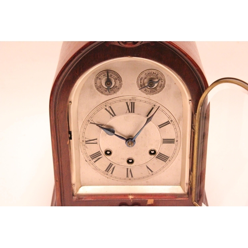 216 - A late 19th century mahogany cased bracket clock, with nickel silver chapter ring, with Roman numera... 