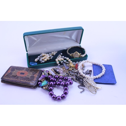 82 - A Small box of Costume Jewellery to include a Pearl Necklace, Beads, incabloc Watch, etc.