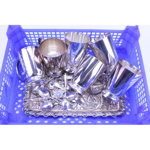 77 - A Silver Plated Dressing Table Tray, 6 Silver Plated Mugs, Silver Fruit Knife, etc.