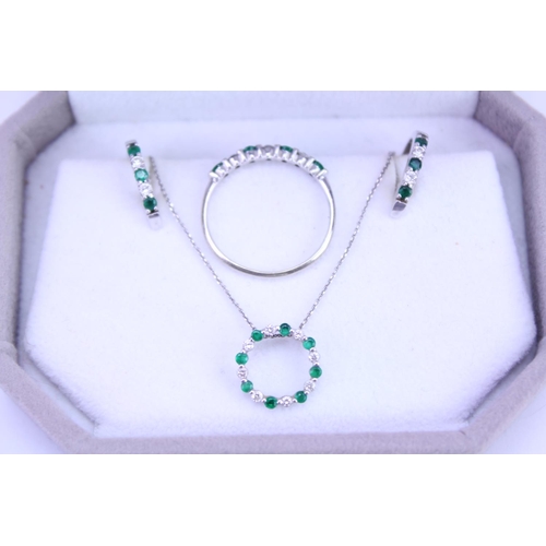 100 - 14ct White Gold Dress Ring set with 4 Emeralds & 3 Diamonds, matching Ear Clips & a Pendent on Chain... 