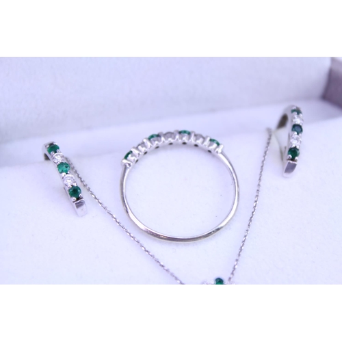 100 - 14ct White Gold Dress Ring set with 4 Emeralds & 3 Diamonds, matching Ear Clips & a Pendent on Chain... 